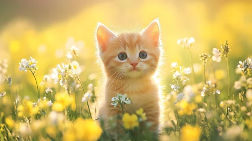 Innocent Kitten in Sunlit Flower Meadow