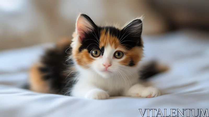 Cute Calico Kitten on a Bed AI Image