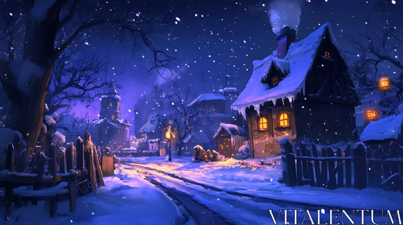 Peaceful Snowy Village at Night AI Image