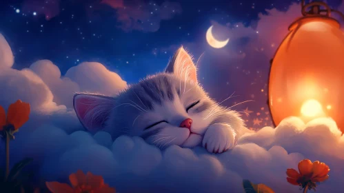 Kitten Sleeping on Clouds under Starlit Sky