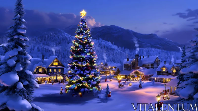 Snowy Christmas Village at Dusk with Decorated Tree AI Image