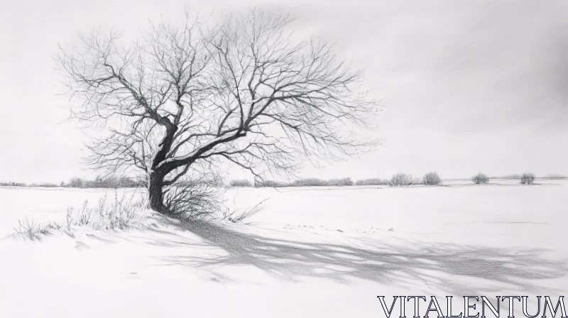 AI ART Lonely Tree Pencil Drawing in Winter Landscape