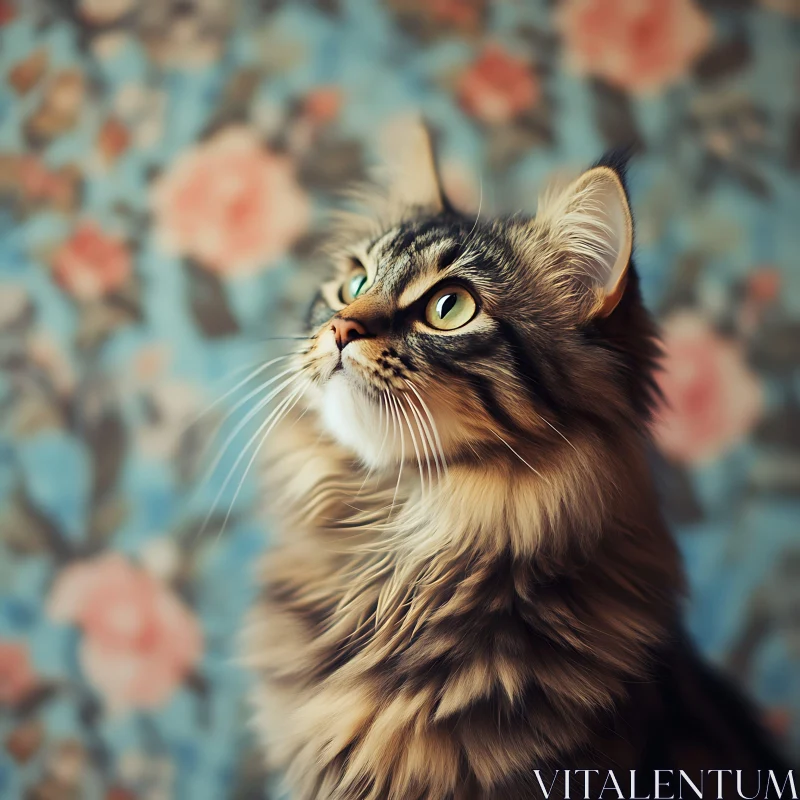 Fluffy Tabby Cat with Green Eyes against Floral Background AI Image