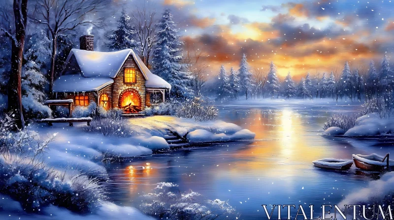 Winter Wonderland with Cozy Cabin and Sunset AI Image