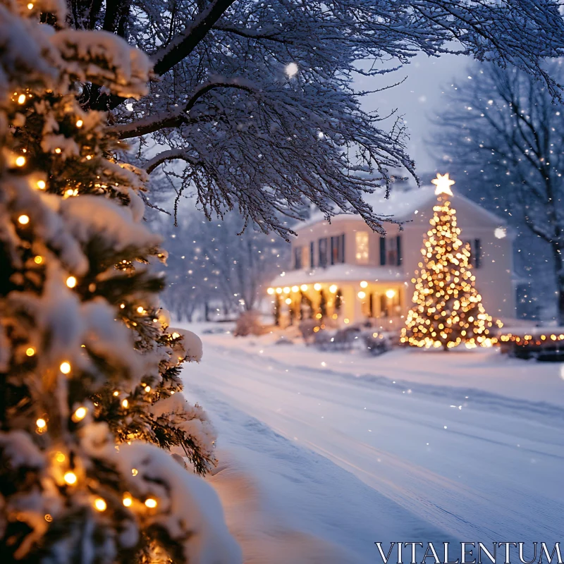 Festive Winter Landscape with Snow and Lights AI Image