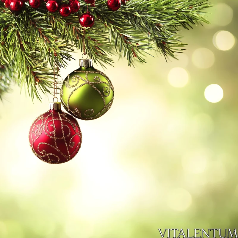 Festive Holiday Ornaments on Pine Branch AI Image