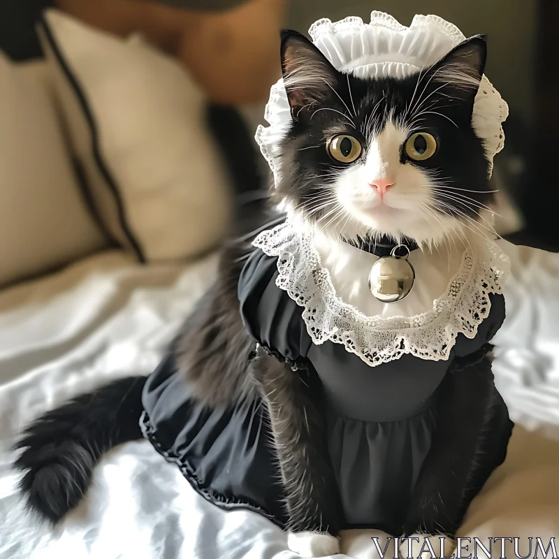 Black and White Cat in Maid Outfit AI Image