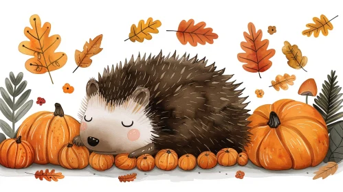 Cozy Hedgehog and Pumpkins Watercolor Illustration