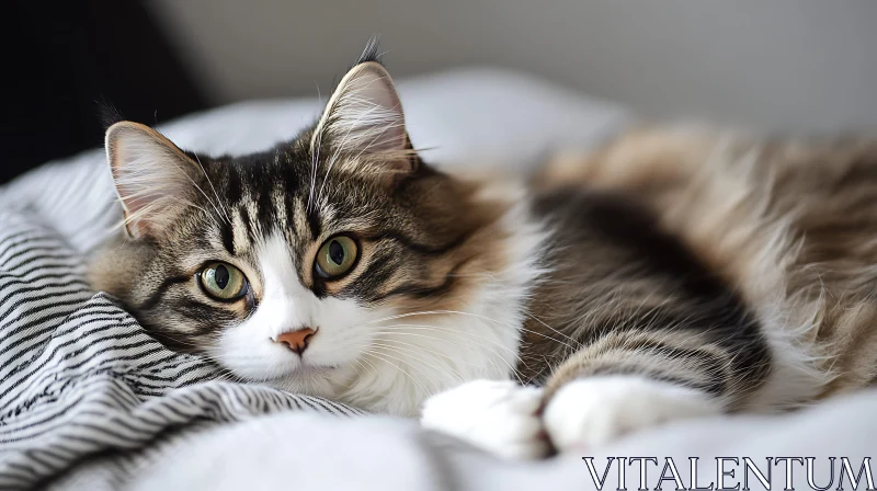 Relaxed Cat with Expressive Eyes on Bed AI Image