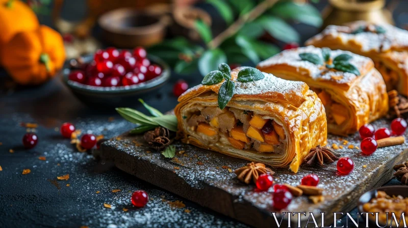 AI ART Delicious Strudel with Cranberries on a Wooden Board