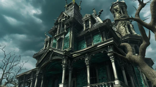 Eerie and Decaying Mansion Under a Dark Sky