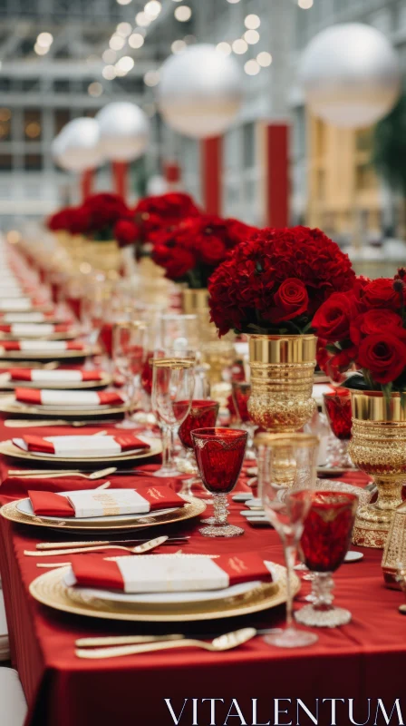 Elegant Wedding Table Setting in Red and Gold AI Image
