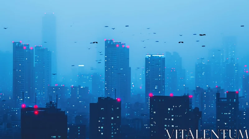 Enchanting Cityscape: Blue Buildings and Birds in Neon Impressionism Style AI Image
