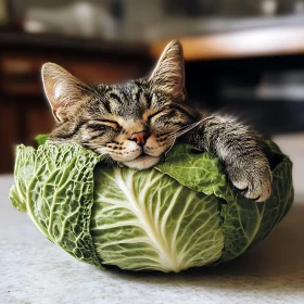 Tranquil Tabby Cat Napping in a Cabbage