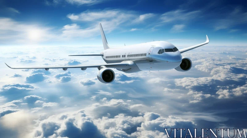 High-Flying White Passenger Plane in Blue Sky AI Image