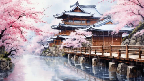 Japanese Structure and Cherry Blossoms: A Realistic Fantasy Painting