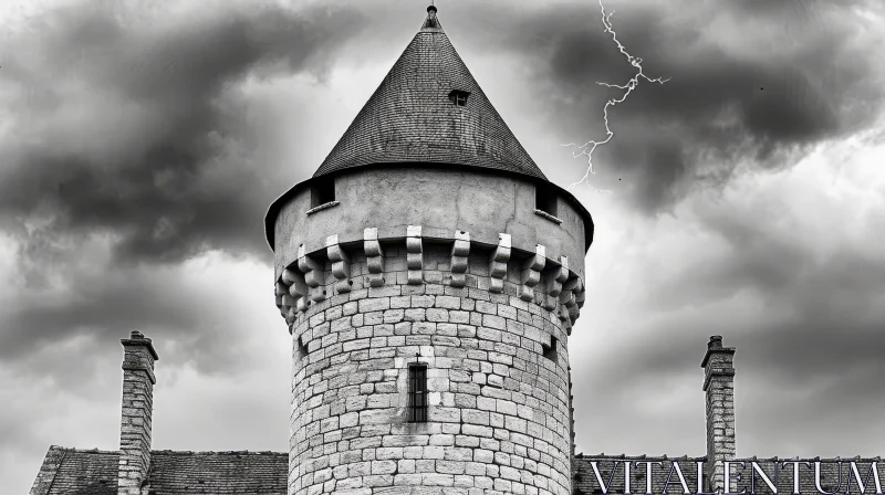Majestic Medieval Castle Tower in Stormy Weather AI Image