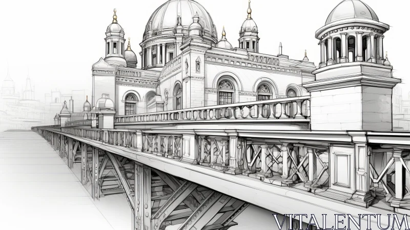 Metal Bridge and Stone Building Sketch AI Image