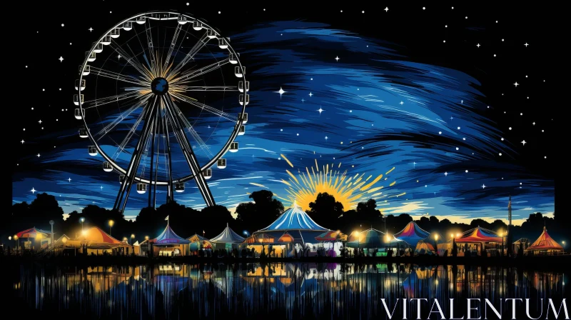 AI ART Nighttime Fairground with Brightly Lit Ferris Wheel