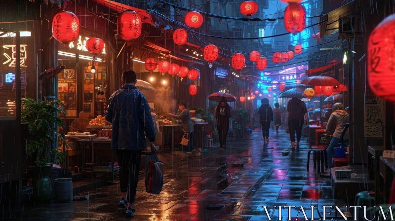 AI ART Rainy City Street Scene: Atmospheric Reflections and Red Lanterns