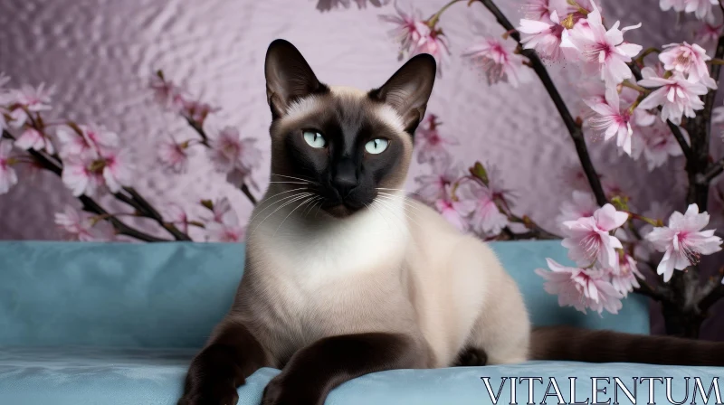 Regal Siamese Cat on Blue Couch with Cherry Blossoms AI Image