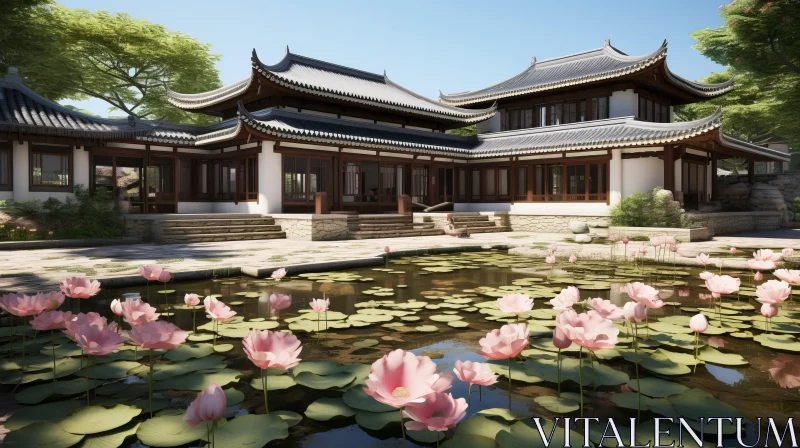 AI ART Tranquil Chinese Courtyard with Lotus Flowers
