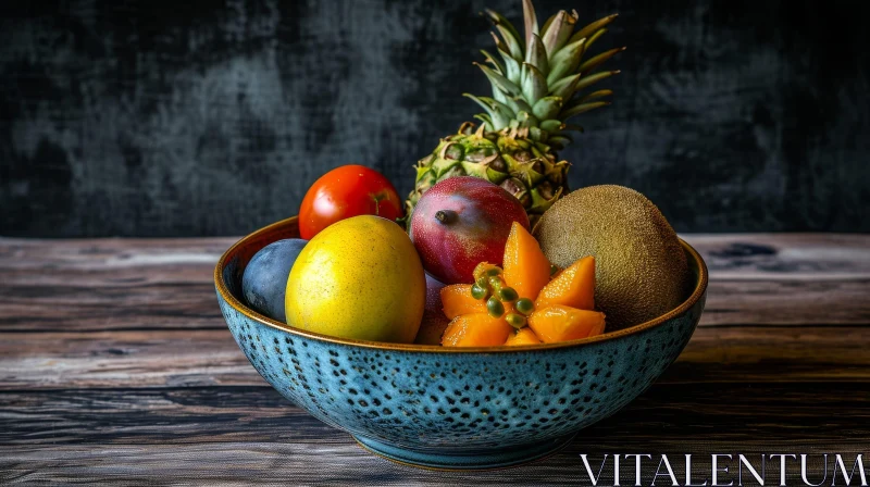 Vibrant Bowl of Tropical Fruits on Wooden Table AI Image