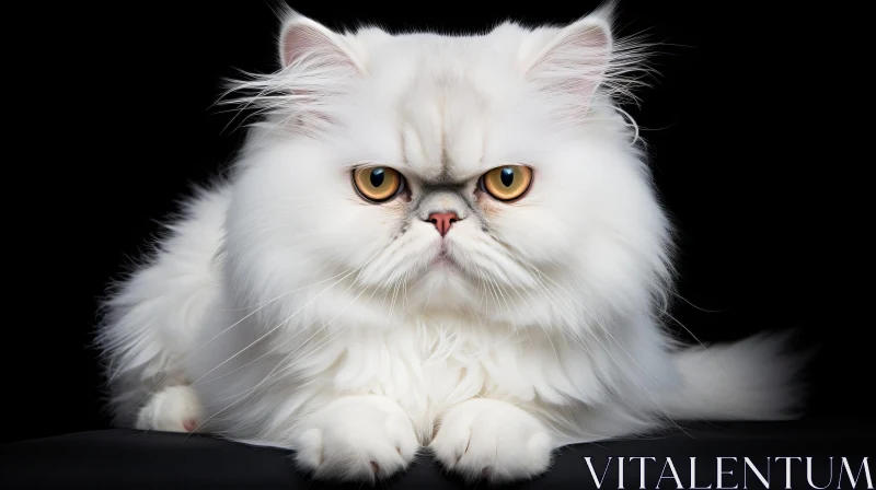 White Persian Cat with Orange Eyes on Black Background AI Image