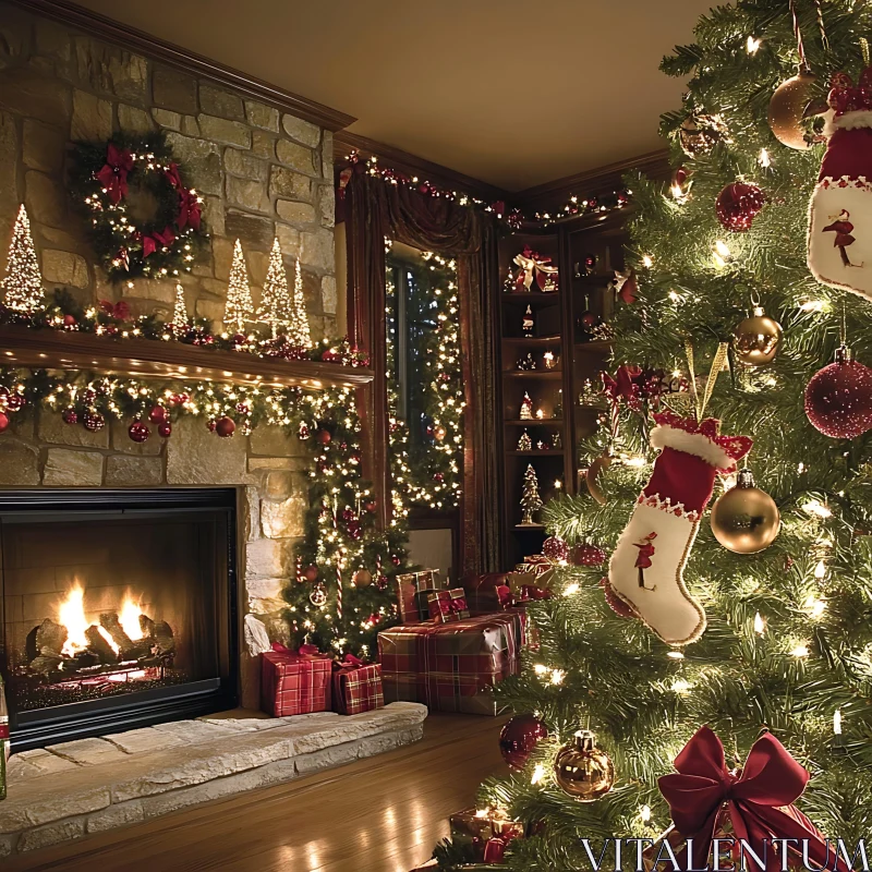 Warm Holiday Decor with Christmas Tree and Fireplace AI Image