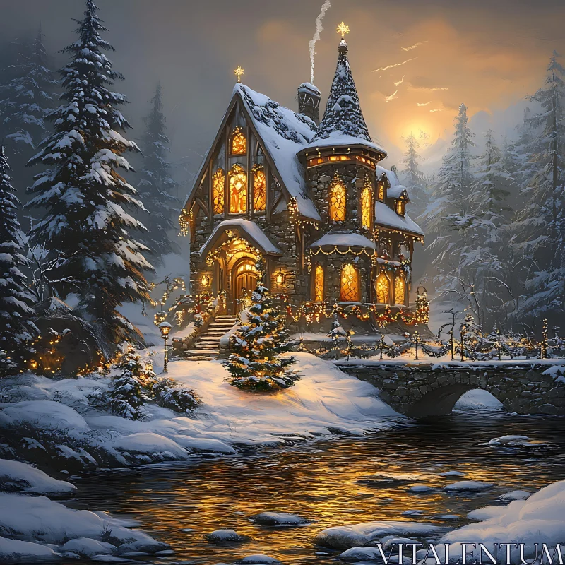 Cozy Stone House in Snowy Winter Forest AI Image