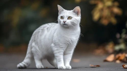 Alert White Cat in Autumn Setting