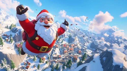 Joyful Santa Flying Above a Winter Wonderland