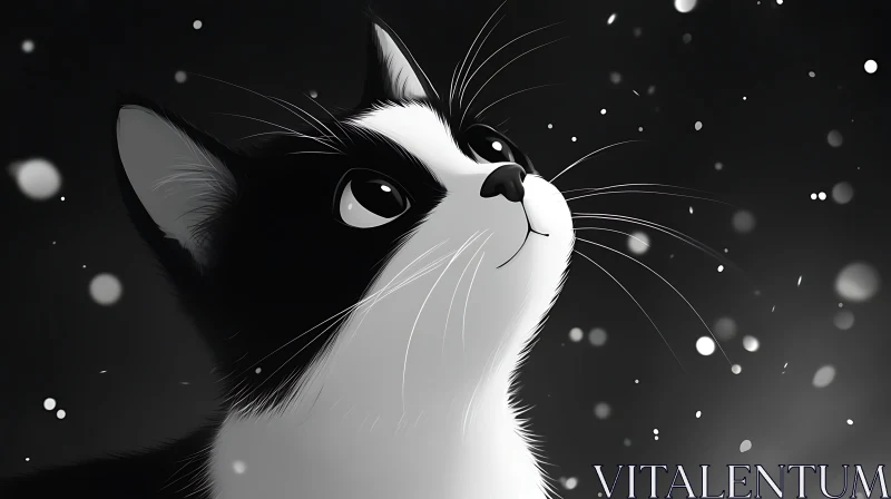 Upward Gazing Cat in Snowfall at Night AI Image