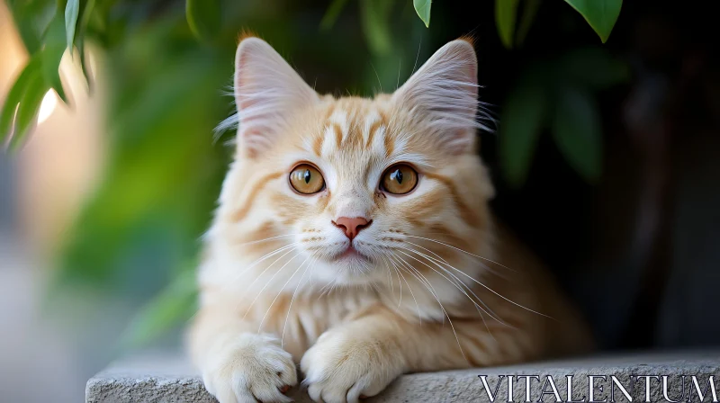 Golden-Eyed Orange Cat in Greenery AI Image