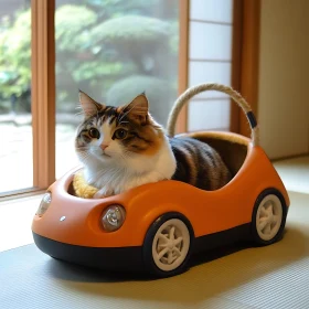 Fluffy Cat in Orange Toy Car Near Window