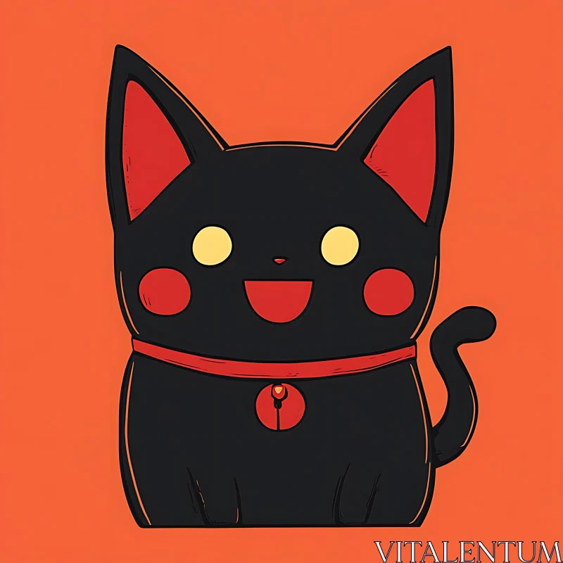 Charming Black Anime Cat with Red Accents AI Image