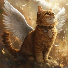 Ethereal Orange Cat with Angel Wings in Serene Nature