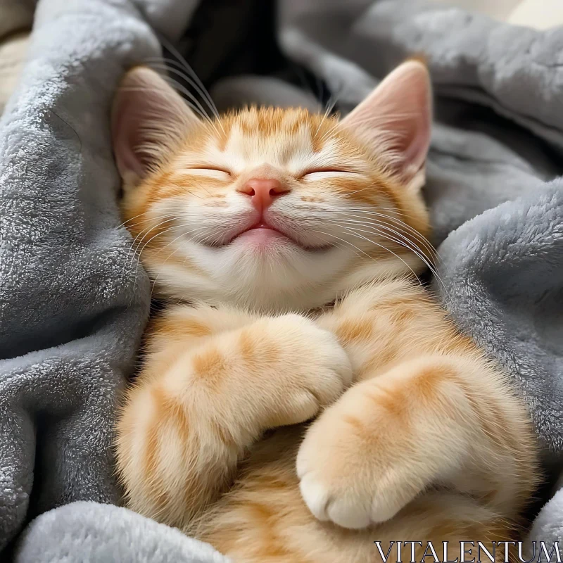 Peacefully Sleeping Orange Tabby Kitten in a Soft Grey Blanket AI Image