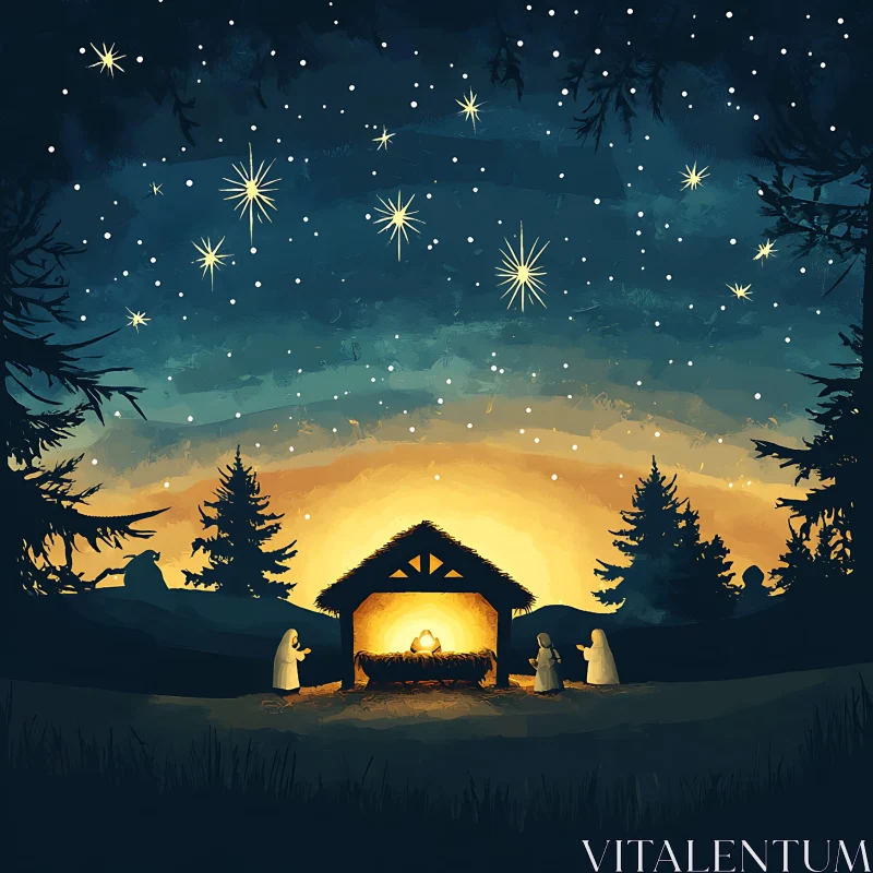 Christmas Nativity Scene with Glowing Manger AI Image