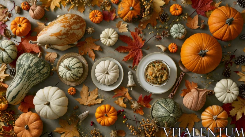 AI ART Captivating Thanksgiving Table with Pumpkins and Leaves