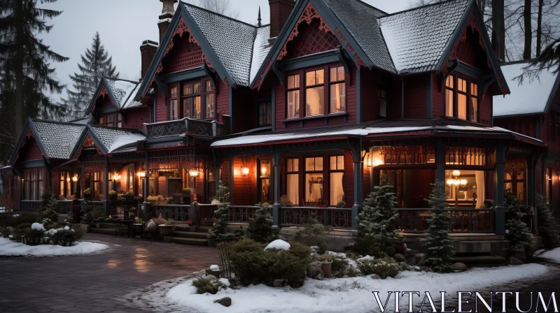 Captivating Winter Scene: A Grand Victorian House Illuminated by Naturalistic Lighting AI Image