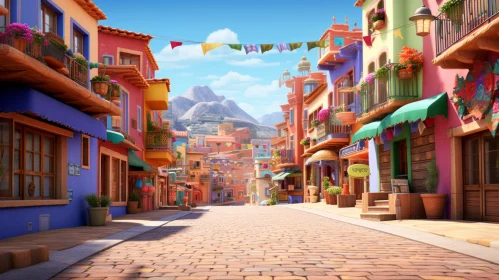 Colorful Animated Street Scene in Mediterranean and Aztec Art Style