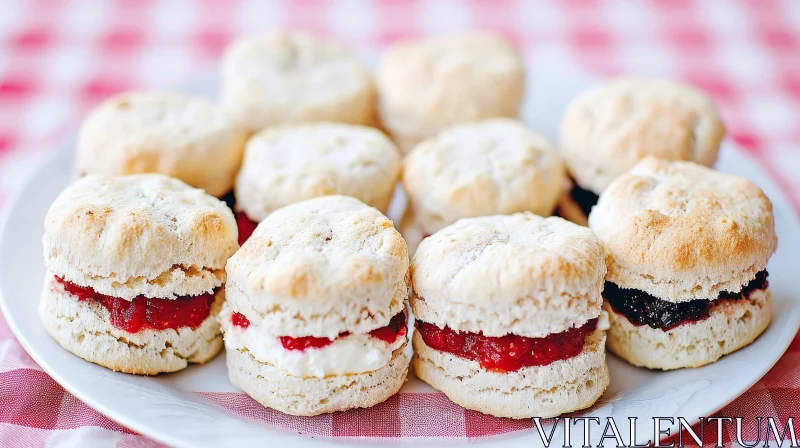 Delicious Cream and Jam Filled Scones on a Checkered Tablecloth AI Image