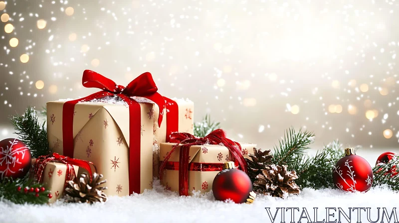 Festive Christmas Presents in Winter Setting AI Image