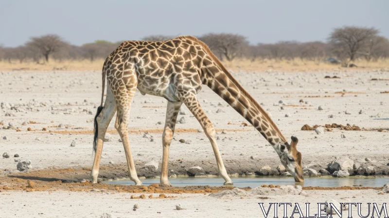 Majestic Giraffe Drinking from Desert Waterhole AI Image