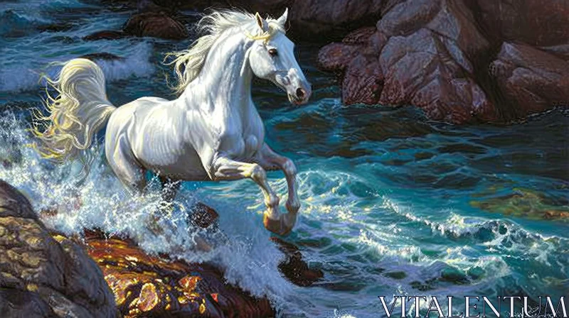 Powerful White Horse Running Through the Sea AI Image