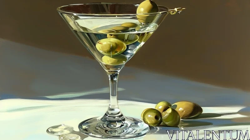 Realistic Painting of Martini Glass with Olives AI Image