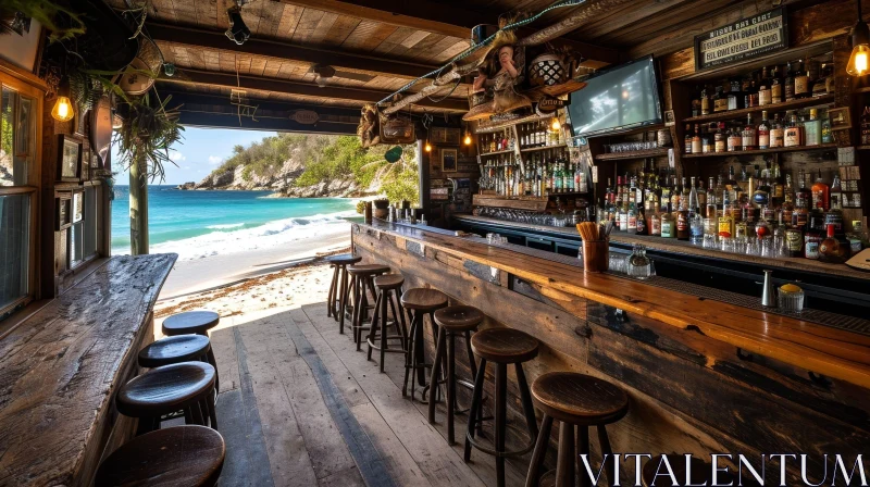 Serene Beach Bar: Rustic Wood, Thatched Roof, Crystal-Clear Ocean AI Image
