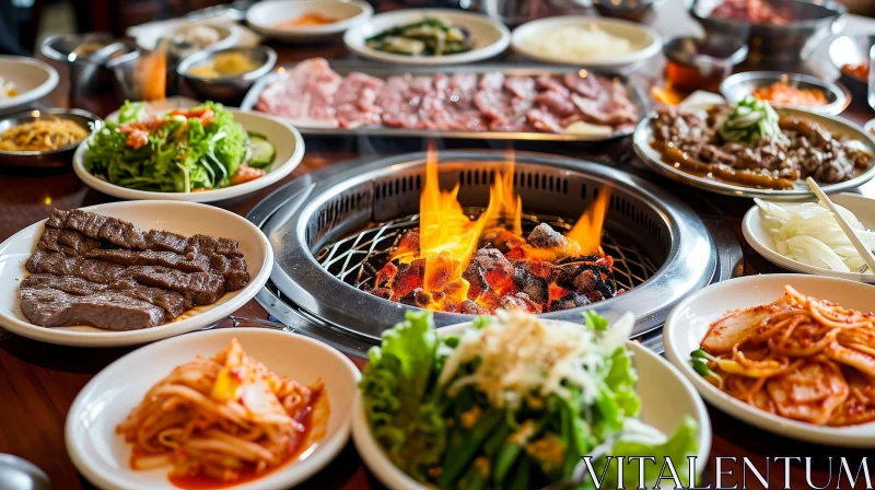 Sumptuous Grilled Meats and Side Dishes on a Table AI Image
