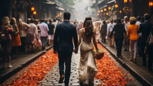 Wedding Walk on Cobblestones Amidst Traditional Setting